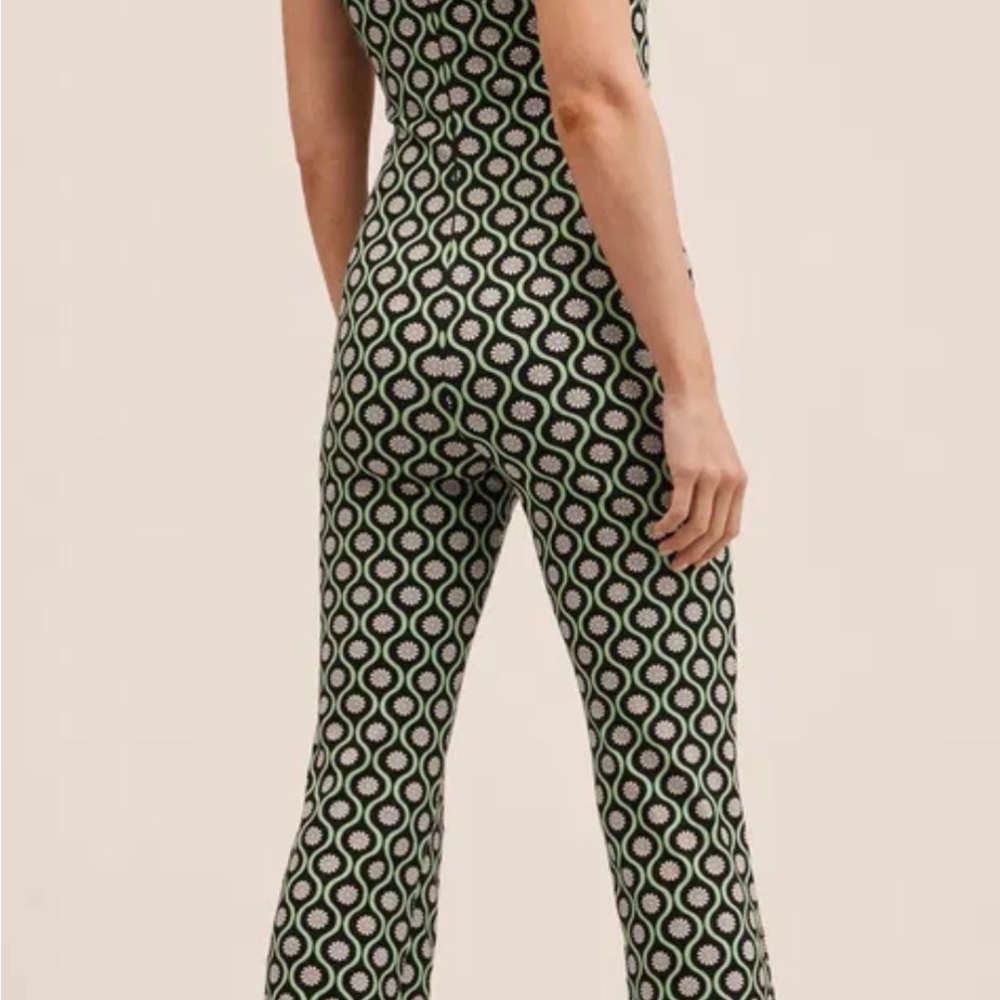 MANGO Women’s Jumpsuit Size Medium Green 70s Retro Print Wide Leg